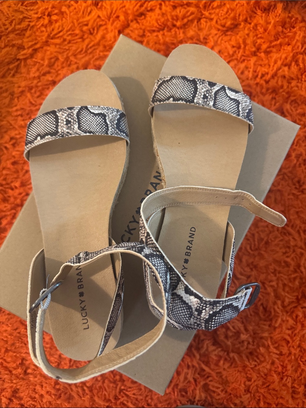 Brand New!Never Worn!Lucky Brand Snake-Print Ankle Strap Sandals - Black & Cream